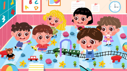 六一儿童节幼儿园幼稚园小朋友玩游戏插画六一