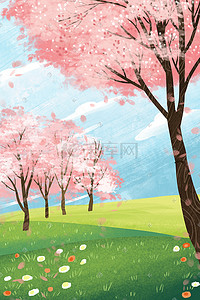 春天的樱花林手绘风景花朵花