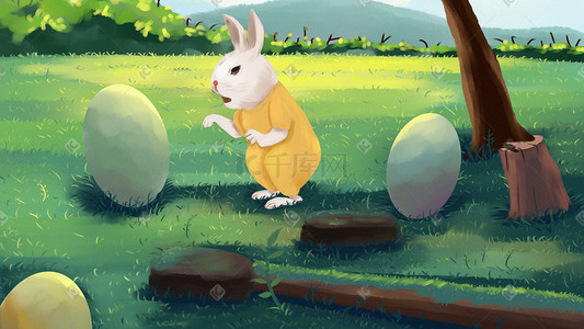 开始插画图片_复活节彩蛋兔子场景插画