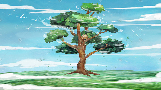 保护环境手绘插画图片_手绘春天大树白云保护环境