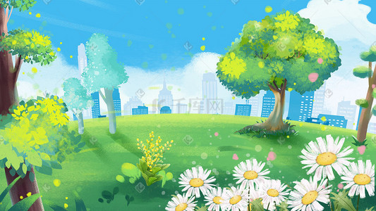 城市城市背景插画图片_植树节在公园种树浇花城市背景图