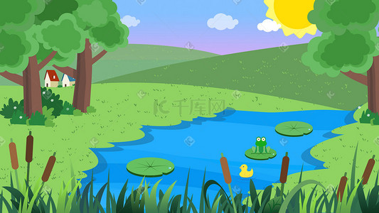 幸运的的鸭子插画图片_卡通风格池塘边的小青蛙
