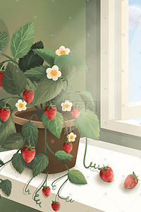 小盆栽插画图片_夏天小清新草莓盆栽植物花朵大暑唯美