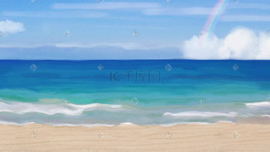 平静插画图片_平静的海面沙滩太阳伞