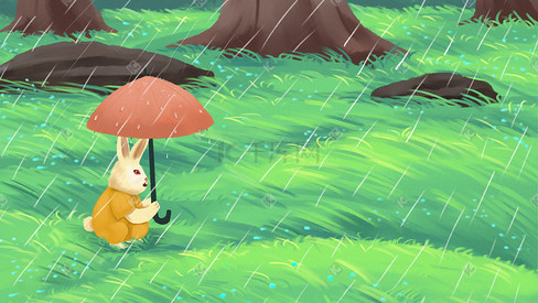 谷雨森林下雨兔子场景治愈节气儿童插画