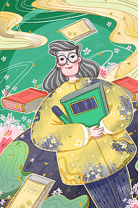 读书国风插画图片_世界读书日勾线中国风手抱书本的女生