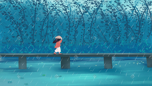 谷雨中国风蓝色山水节气插画