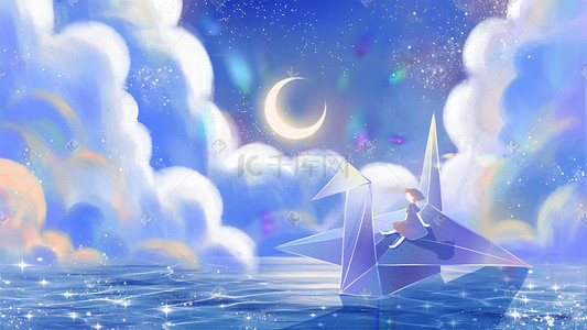 夜晚月亮云朵插画图片_深色蓝色夜晚月亮千纸鹤湖面风景背景