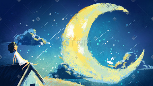 人速写简笔画插画图片_星空夜晚唯美治愈蜡笔肌理插画