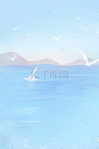 清新蓝色大海插画图片_夏天唯美治愈蓝色大海海鸥小清新景色