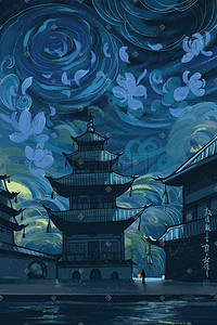 玄幻插画图片_敦煌文化寺院玄幻中国风夜空背景