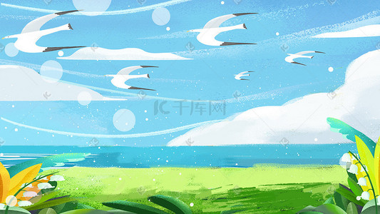 夏天唯美治愈海边草地海鸥绿色植物蓝天