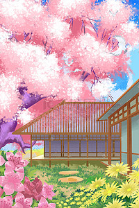 和风樱花插画图片_唯美樱花树日式和风花朵花