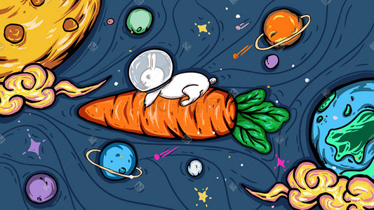 世界航天日宇宙太空星球可爱兔子插画火箭