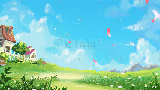 篮球比赛背景插画图片_春天春植物蓝天草地背景