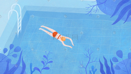 植物度假插画图片_清新夏日蓝色游泳池游泳度假