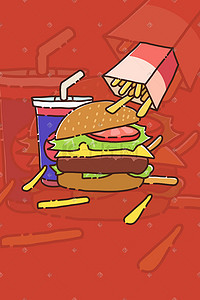 西式插画图片_MBE西式快餐汉堡吃货红色扁平插画