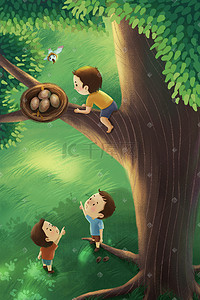 立夏蛋插画图片_童年夏季小孩爬树鸟窝