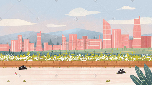 手绘植物小清新插画图片_小清新手绘城市建筑绿色植物治愈场景