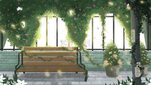 夏天小清新长椅绿色植物浪漫唯美手绘场景