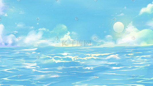 厕所手绘图插画图片_夏天蓝色唯美卡通海洋海水海浪夏季手绘图