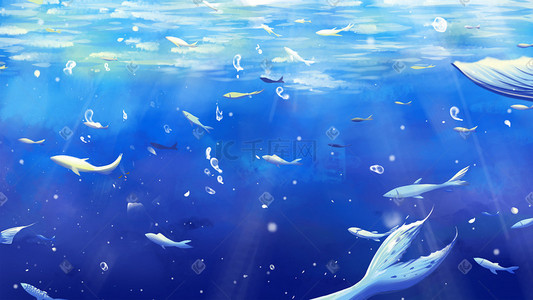 海底鲸鱼插画图片_夏天大海海洋生物海底世界