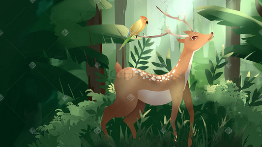 绿色生态森林插画图片_小清新绿色草地保护环境自然鹿鸟森林