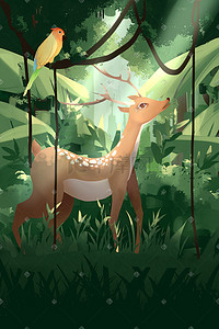 绿色生态森林插画图片_夏天小清新绿色草地保护环境自然鹿鸟森林