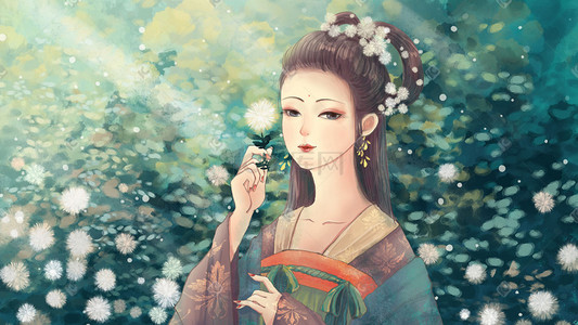 中国风汉服美女之唐朝服饰摘花的女子