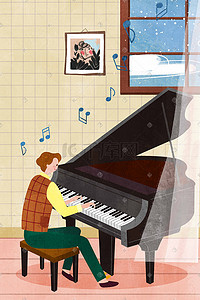倾听钢琴演奏音乐家音符高雅手绘卡通插画