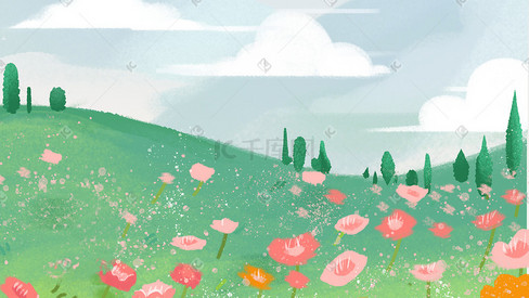 草地上盛开的花朵风景手绘