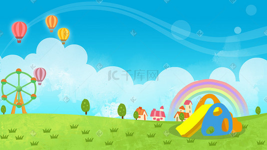 圆弧热气球插画图片_小清新游乐园摩天轮热气球房屋彩虹蓝天白云