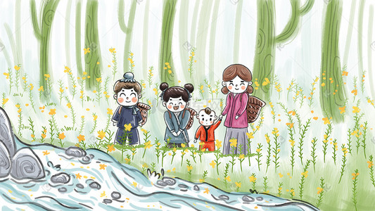 夏儿童插画图片_夏天儿童节儿童孩子户外郊游草地树林河流