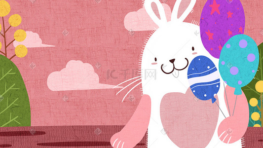卡通气球粉色插画图片_卡通兔子可爱手绘插画六一儿童节
