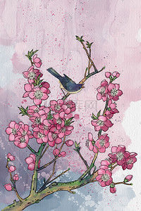 桃树桃花插画图片_水彩花卉水彩背景唯美植物桃花桃树