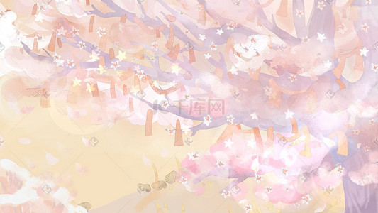 樱花树背景插画图片_粉色水彩樱花树许愿插画