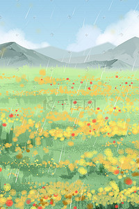 天气标签插画图片_开满花的草地下雨的天气