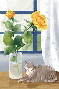 水彩鲜花插画图片_水彩花卉水彩唯美猫咪窗台