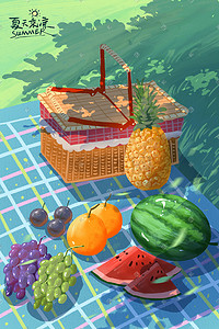 简笔画菠萝插画图片_夏至夏天树下乘凉郊游水果餐风景