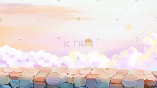 石头裂痕插画图片_小清新唯美治愈天空云朵石头路景色