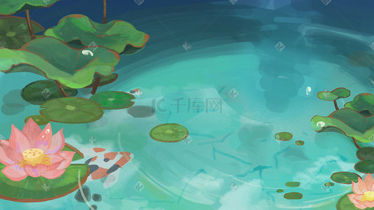 荷花池里的荷花手绘风景
