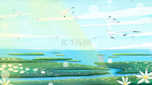 曲线光线插画图片_夏天大海唯美治愈大海入海口湿地公园