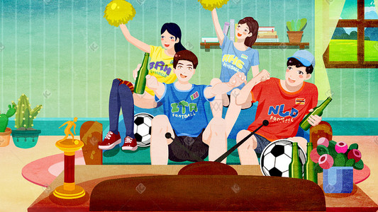 足球插画图片_小清新足球欧洲杯球迷观看比赛室内聚会