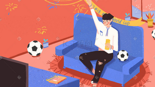 居家直播间背景插画图片_欧洲杯世界杯球迷看球坐在家里看球