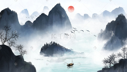 水墨手掌插画图片_中国风渔船渔夫风景水墨古风山水山山河