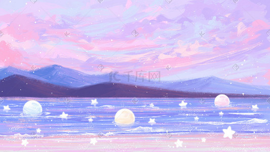 白色星星旋转插画图片_紫色浪漫梦幻唯美治愈果冻色海边星星星球