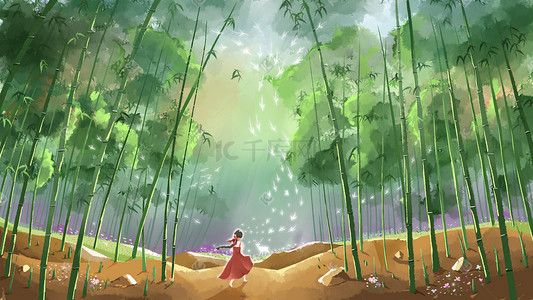 光影插画图片_立夏光影下竹林里的小女孩手绘插画