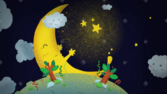 地球夜晚插画图片_小清新地球植物月亮夜晚星星树木云朵