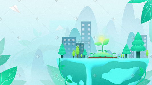地球日绿色插画图片_绿色小清新地球城市建筑植物树木手绘