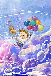 气球天猫logo插画图片_夏日夏天天空唯美治愈水彩气球猫咪